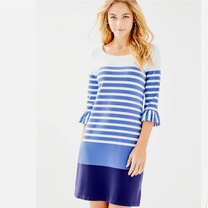 Lilly Pulitzer Blue Ivory Stripe Sophie SPF 50 Ruffle Sleeve Knit Dress Sz Small
